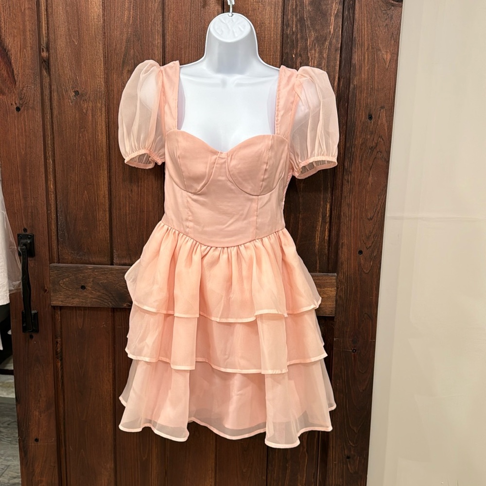 Solid Puff Sleeve Layered Ruffle Hem Dress - Size Small